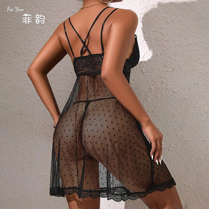 Elegant Lace Temptation Chemise Nightgown Sexy Polka Dot See Through Sleepwear Women's Home Clothes European Style Leisure Sleepwear