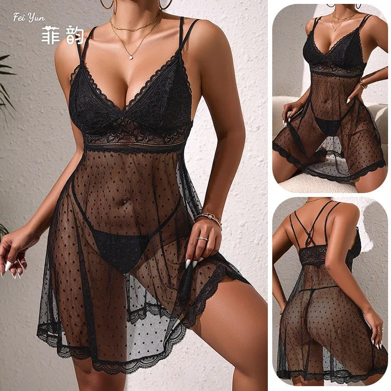 Elegant Lace Temptation Chemise Nightgown Sexy Polka Dot See Through Sleepwear Women's Home Clothes European Style Leisure Sleepwear
