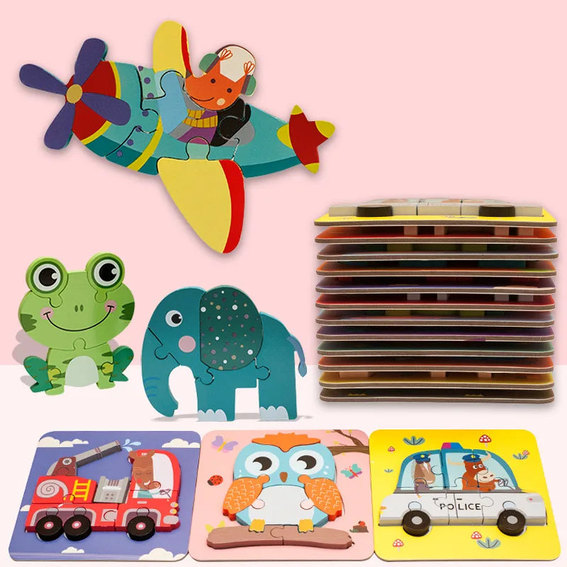 Children's Cartoon 3D Wooden Puzzle Educational Cognitive Animal Enrichment Toy Transportation Vehicle Assembly Kit