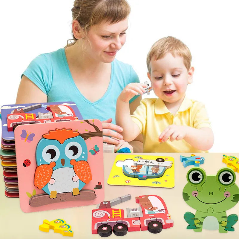 Children's Cartoon 3D Wooden Puzzle Educational Cognitive Animal Enrichment Toy Transportation Vehicle Assembly Kit