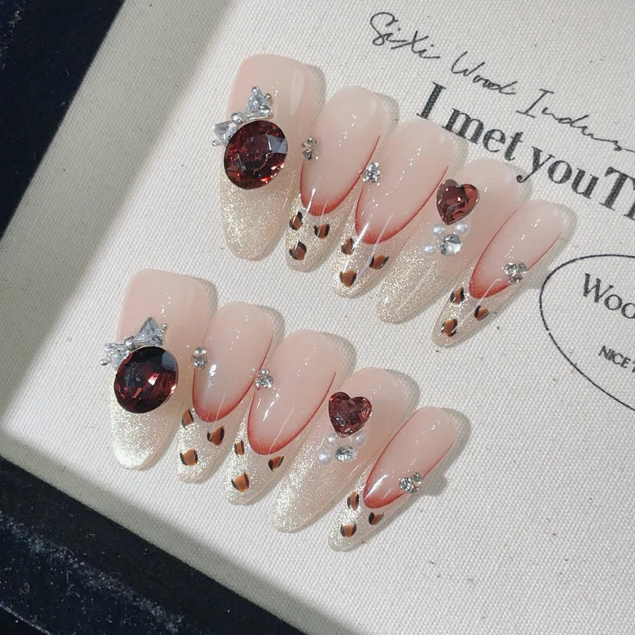 New Handmade Long French Style Leopard Print Cat Eye Cool White Wearable Nail False Nails Detachable Fairy Nail Art Design