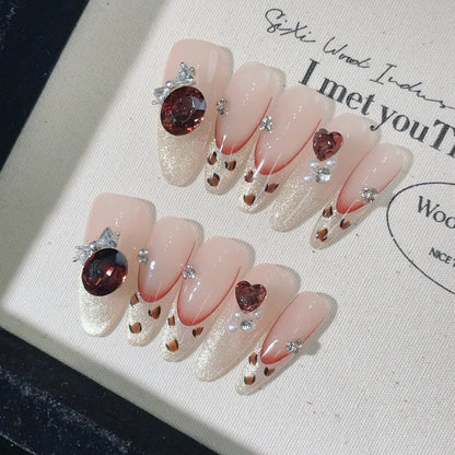 New Handmade Long French Style Leopard Print Cat Eye Cool White Wearable Nail False Nails Detachable Fairy Nail Art Design