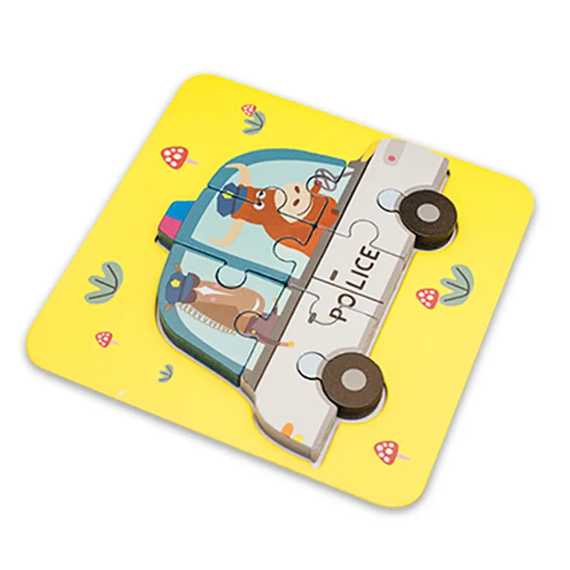 Children's Cartoon 3D Wooden Puzzle Educational Cognitive Animal Enrichment Toy Transportation Vehicle Assembly Kit