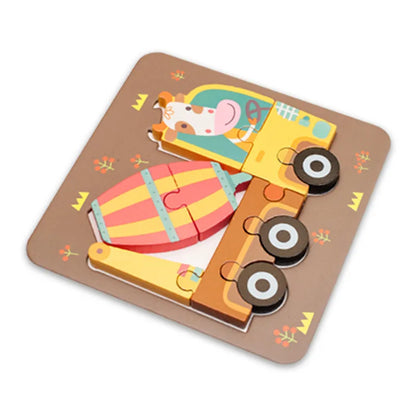 Children's Cartoon 3D Wooden Puzzle Educational Cognitive Animal Enrichment Toy Transportation Vehicle Assembly Kit