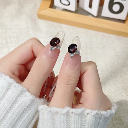 New Handmade Long French Style Leopard Print Cat Eye Cool White Wearable Nail False Nails Detachable Fairy Nail Art Design