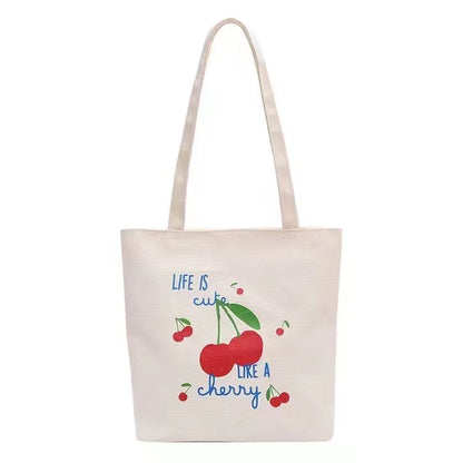 Women's Canvas Cherry Cute Sewing Thread Square Zipper Canvas Bag Tote Bag