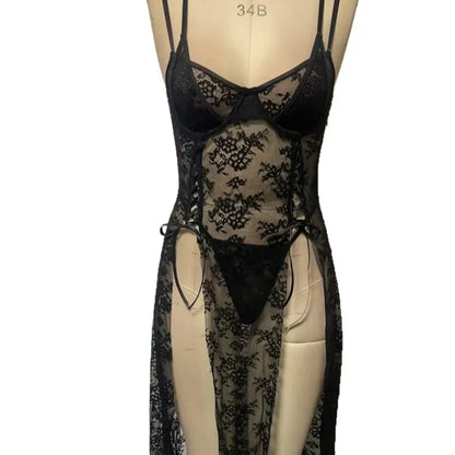 Elegant Lace Trim Fitted Sleepwear European Style Summer Sensual Thin Set Women's Mesh View Polyester Chemise Nightgown With Strap