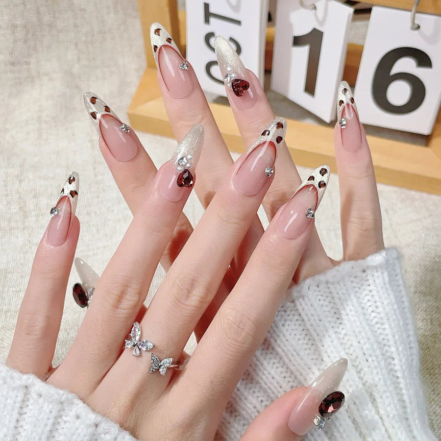 New Handmade Long French Style Leopard Print Cat Eye Cool White Wearable Nail False Nails Detachable Fairy Nail Art Design