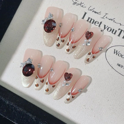 New Handmade Long French Style Leopard Print Cat Eye Cool White Wearable Nail False Nails Detachable Fairy Nail Art Design