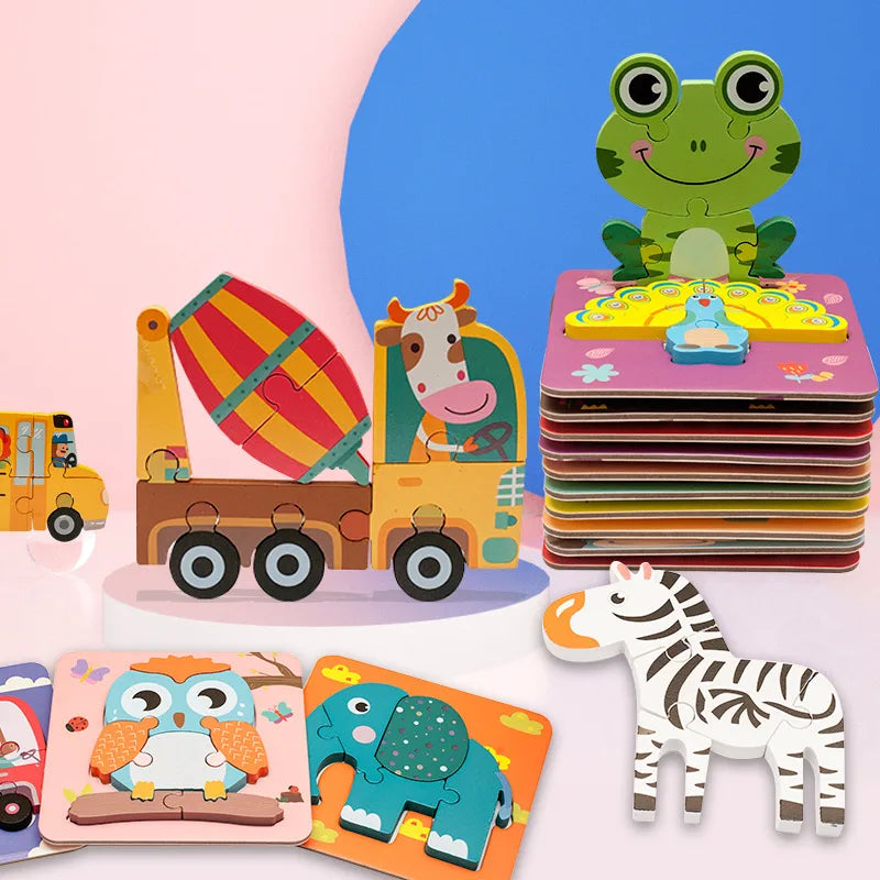Children's Cartoon 3D Wooden Puzzle Educational Cognitive Animal Enrichment Toy Transportation Vehicle Assembly Kit