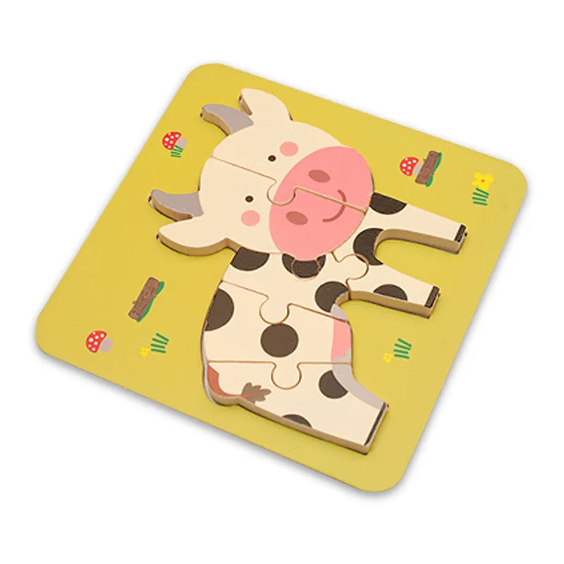 Children's Cartoon 3D Wooden Puzzle Educational Cognitive Animal Enrichment Toy Transportation Vehicle Assembly Kit