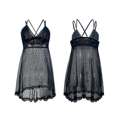Elegant Lace Temptation Chemise Nightgown Sexy Polka Dot See Through Sleepwear Women's Home Clothes European Style Leisure Sleepwear