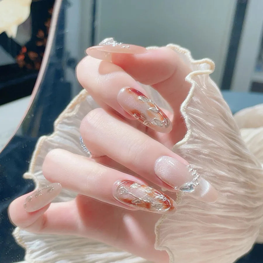 Handmade Cat Eye French Style Nail Tips Pure Hand Drawing Wearing False Nails Finished Product Luxury Sensation Autumn Winter New Arrival