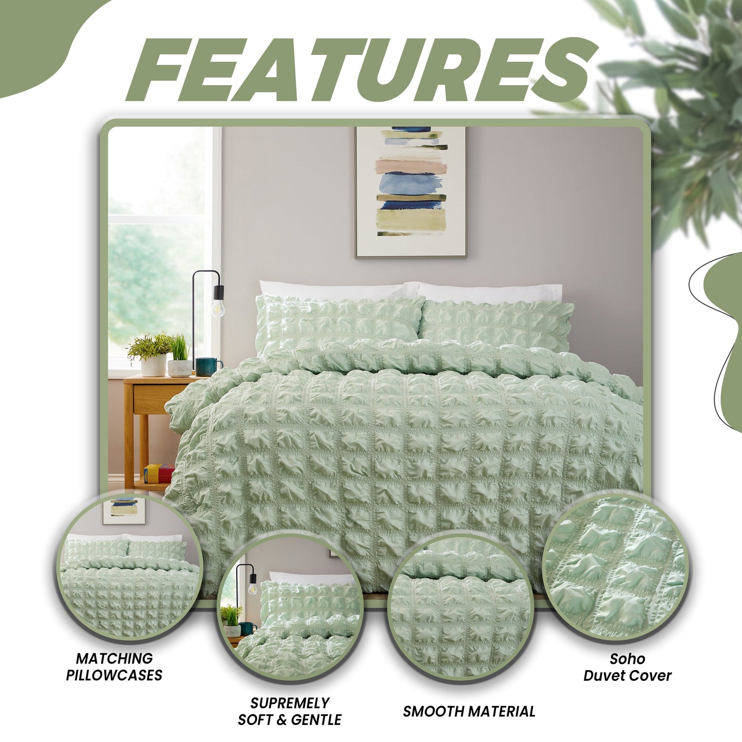 Soho Sage Green Microfibre Duvet Cover Set with Pillowcases Quilted Super Soft Easy Care Bedding Bed Linen Set by OLIVIA ROCCO