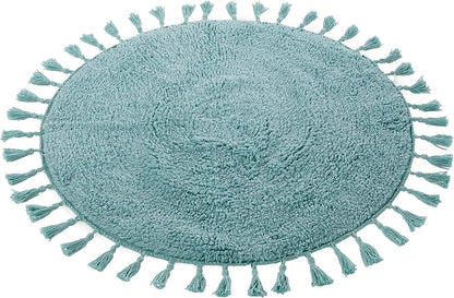 Super Soft Absorbent Non-Slip Round Tasselled Bath Mat 100% Cotton Bathroom Rug in Duck Egg Grey Natural and White by OLIVIA ROCCO