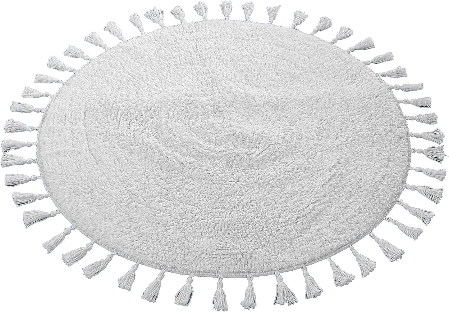 Super Soft Absorbent Non-Slip Round Tasselled Bath Mat 100% Cotton Bathroom Rug in Duck Egg Grey Natural and White by OLIVIA ROCCO