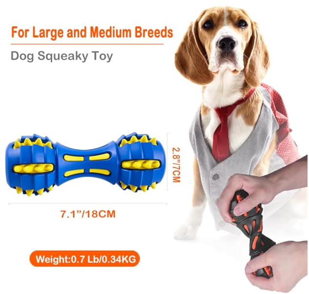 TUGME Dog Squeaky Toys For Aggressive Chewers Almost Indestructible Squeaky Toys For Dogs Teething Chew Toys For Medium Large Breed Durable Rubber Dog Toy Dumbbell Shape