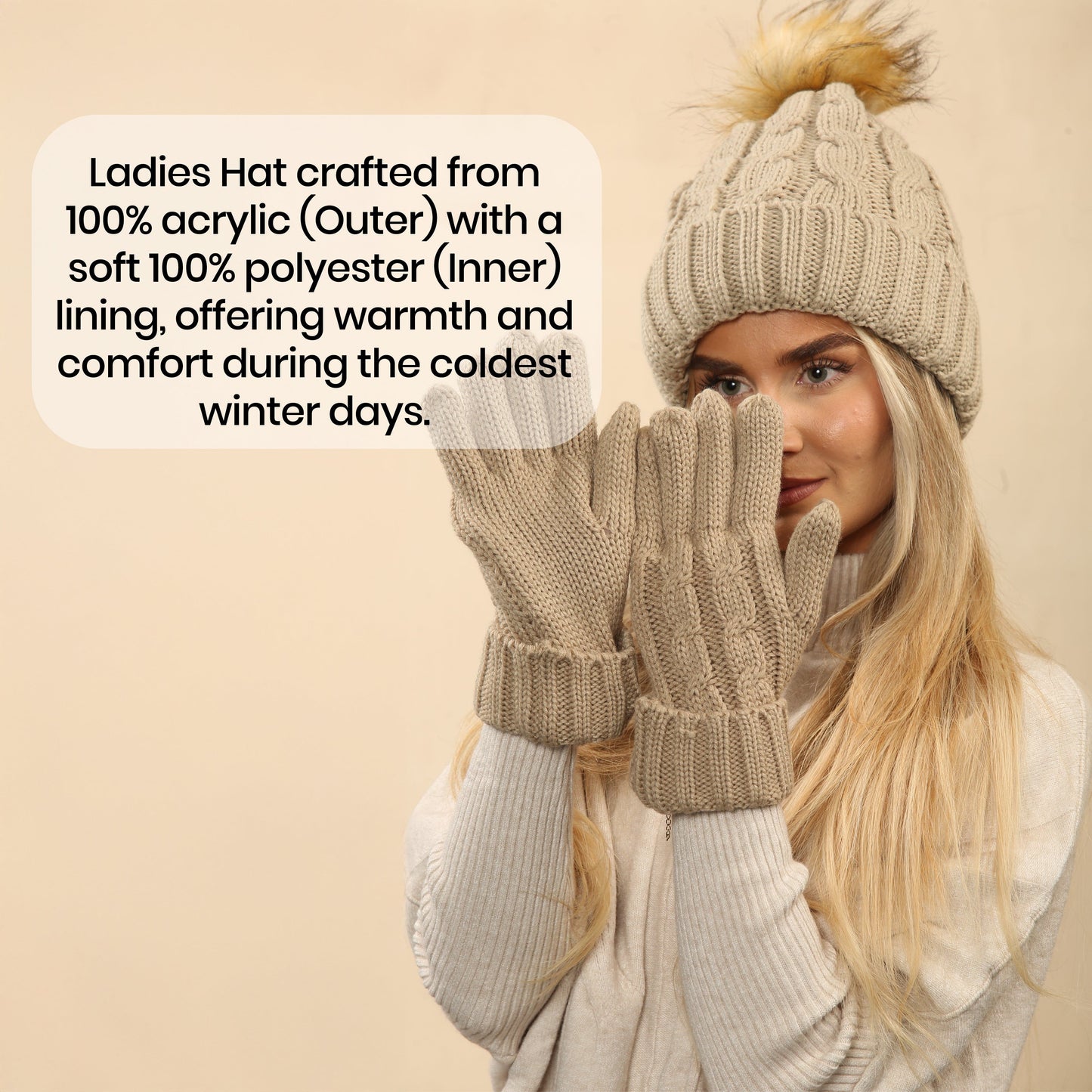 Women's Cream Chunky Knit Winter Hat & Gloves Set Faux Fur Pom Pom Warm & Stylish Beanie for Ladies By Heatwave Thermalwear
