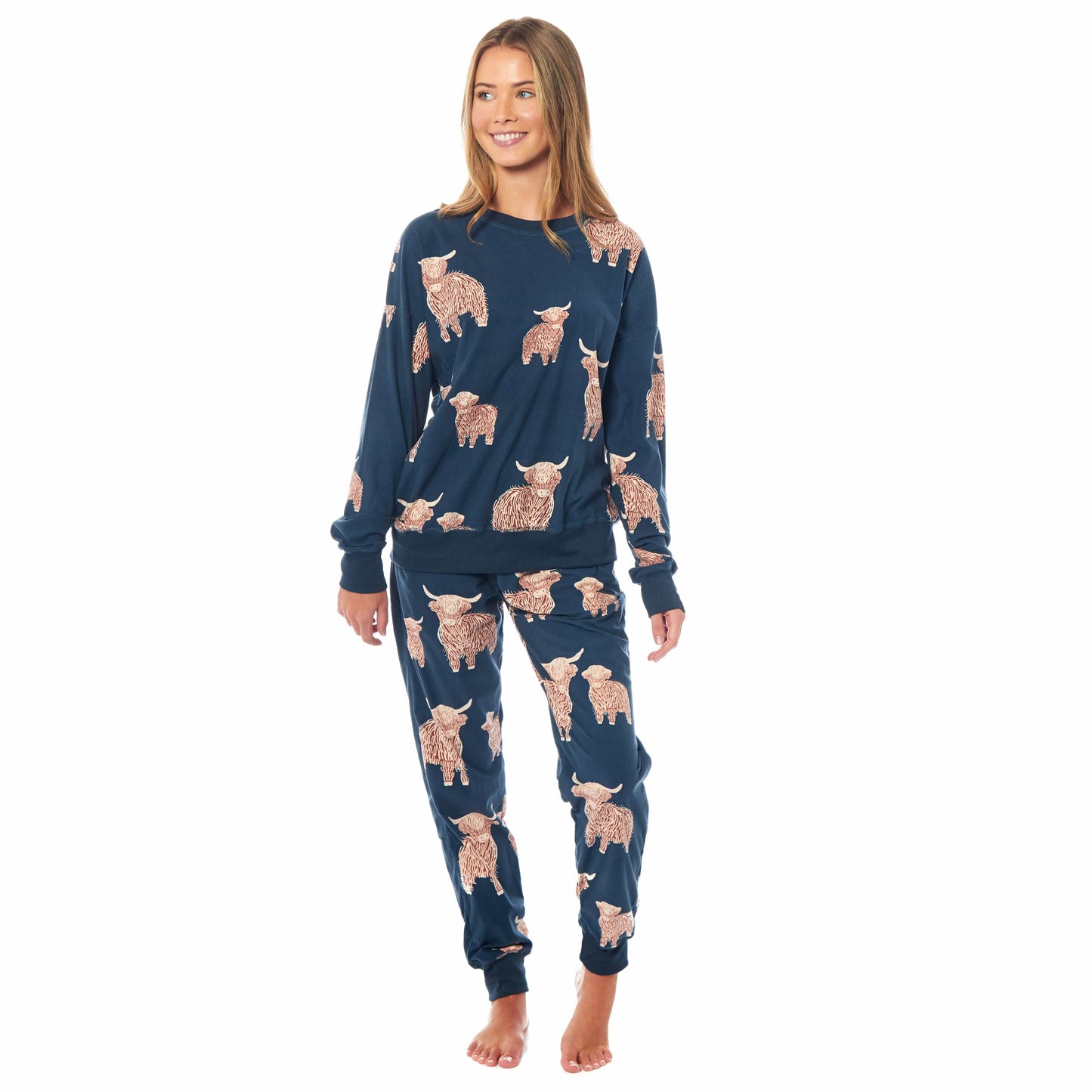 Women's Highland Cow Printed Soft Fleece Pyjama Set Long Sleeve Animal Warm PJs Loungewear Sleepwear for Ladies by Daisy Dreamer