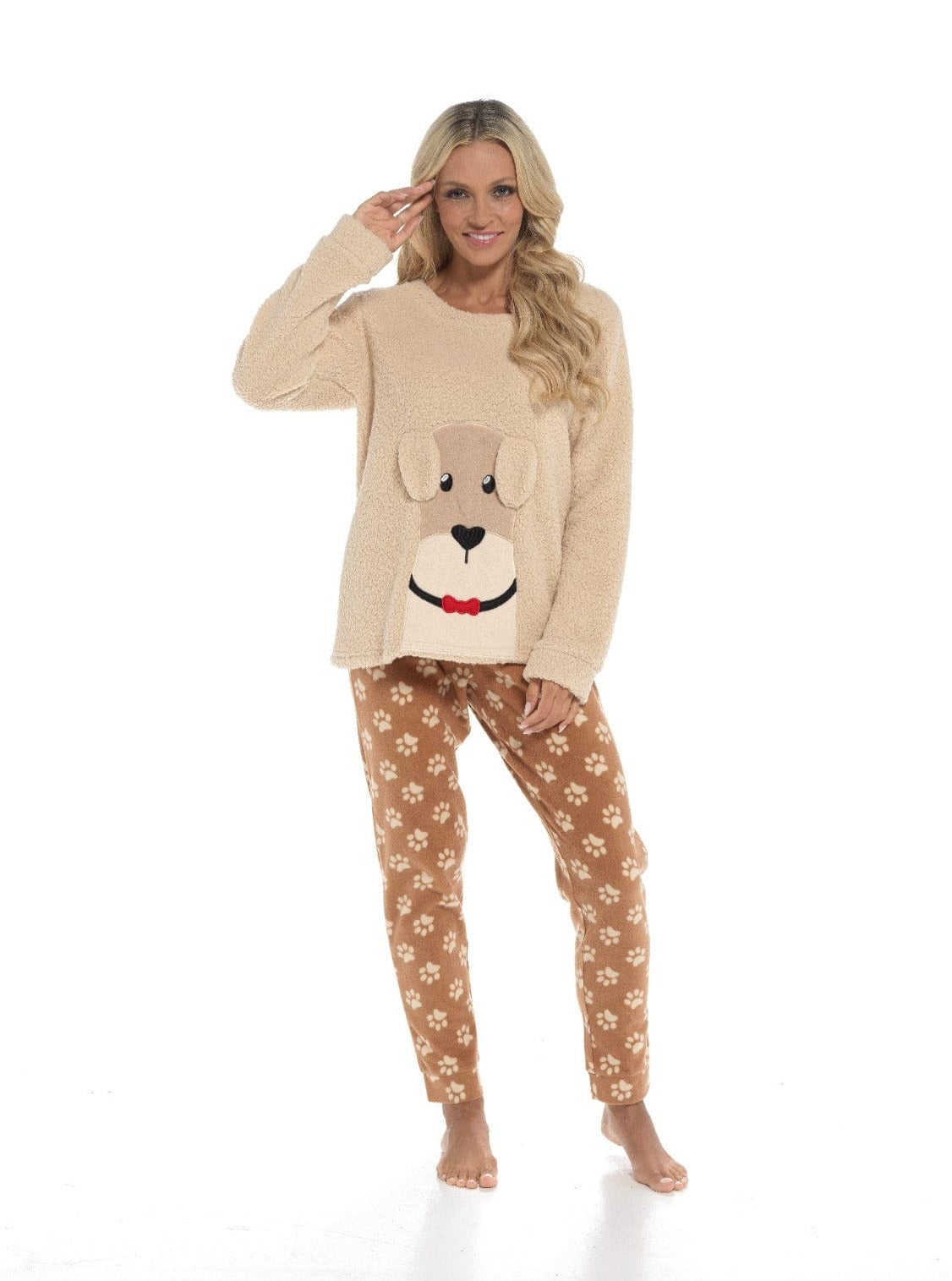 Women's Luxurious Fleece Pyjama Set Dog Snuggle Design Cosy Loungewear Sleepwear with Long Sleeve Top and Patterned Bottoms Comfortable PJs for Ladies Multiple Sizes Daisy Dreamer