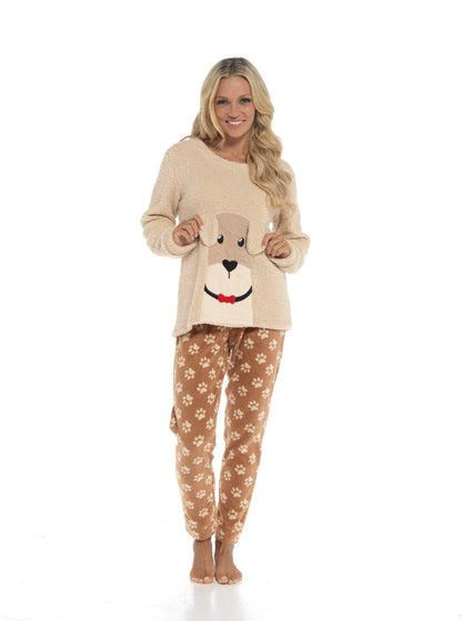 Women's Luxurious Fleece Pyjama Set Dog Snuggle Design Cosy Loungewear Sleepwear with Long Sleeve Top and Patterned Bottoms Comfortable PJs for Ladies Multiple Sizes Daisy Dreamer