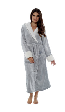 Women's Shimmer Fleece Hooded Bath Robe Soft Plush Luxurious Dressing Gown Perfect for Lounging and Cosy Nights in Shimmer Grey Multiple Sizes by Daisy Dreamer