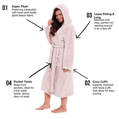 Women's Snuggle Fleece Touch Hooded Robe Luxurious Soft Loungewear Cosy Durable Dressing Gown UK Sizes 8-22 Green Grey Pink Green by Daisy Dreamer