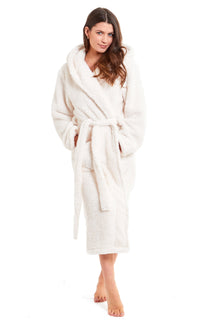 Women's Cream Snuggle Fleece Touch Hooded Robe Luxurious Soft Loungewear Cosy Durable Dressing Gown UK Sizes 8-22 by Daisy Dreamer