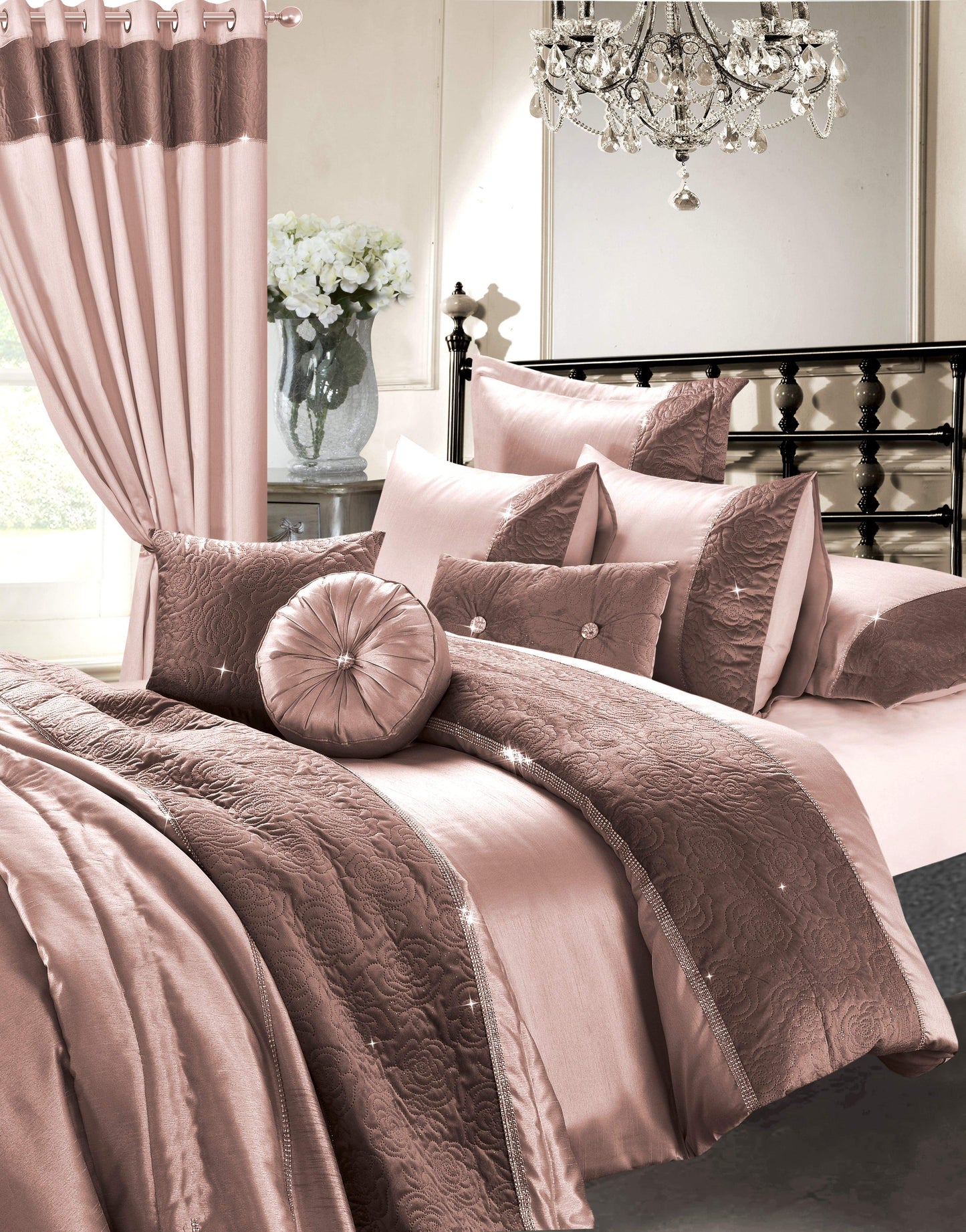 Zina 7 Piece Rose Gold Duvet Set with Quilted Trim and Diamante Detailing Includes Cover Fitted Sheet Pillowcases Cushions Elegant Bedding by OLIVIA ROCCO