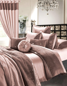 Zina 7 Piece Rose Gold Duvet Set with Quilted Trim and Diamante Detailing Includes Cover Fitted Sheet Pillowcases Cushions Elegant Bedding by OLIVIA ROCCO